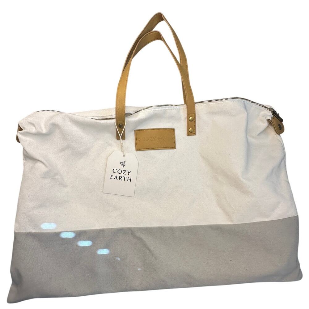 Cozy Earth Canvas Zippered Tote Bag Vegan Leather Two Tone Large Carryall Travel